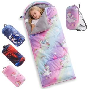 tuphen Kids Sleeping Bag - 3-4 Seasons Portable Sleeping Bag with Compression Sack for Boys, Girls and Toddlers, 2.2 lbs Lightweight Camping Gear Perfect for Camping Hiking Indoor (Purple, 63x26in)