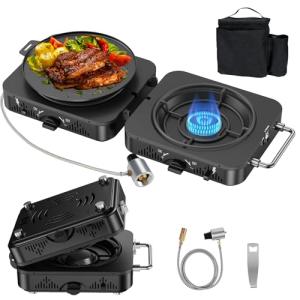 2 Burner Propane Camping Stove, 20000 BTU Foldable Portable Camp Stove with Piezo Ignition & Adjustable Burners, Outdoor Gas Cooker with Carry Bag for Camping, RV, Tailgating & Emergency Use