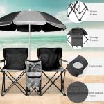 Outvita Folding Double Camping Chair w/Umbrella Beverage Holder Carrying Bag Cooler Fold Up Table, Large Bearing Capacity for Beach Patio Pool Park Outdoor Black