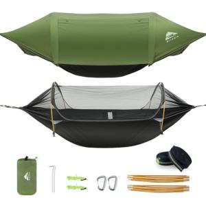 Rivenlo Camping Hammock Tent with Mosquito Net & RainFly, 3 in 1 Waterproof Portable Sleeping Hammock Bug Backpacker Lightweight Outdoor Gear Swing for Hiking Travel Patio Expedition(Dark Green)