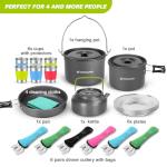 Odoland 39pcs Camping Cookware Mess Kit, Non-Stick Large Size Hanging Pot Pan Kettle with Base Dinner Cutlery Sets for 6 and More, Cups Dishes Forks Spoons Kit for Outdoor Camping Hiking Picnic