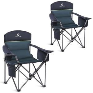 ALPHA CAMP Heavy Duty Camping Chair 500 LBS Capacity, Oversized Folding Chair for Heavy People, Padded Portable Outdoor Chair with Cooler Bag & Cup Holder for Camping, Fishing, Beach,Green,2PC