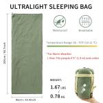 NewDoar Ultralight Backpacking Sleeping Bag - 50-70°F, 1.5lbs, Waterproof & Machine Washable, 2-Way Zipper for Teens,Couples,Women,Men Compact for Hiking/Camping (Army Green,Large)