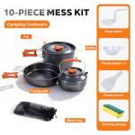 DINITHRON Camping Cookware Set Silicone Handle 10-Piece Lightweight Backpacking Pots and Pans Set, Compact Nesting Camping Cooking Set with Folding Handle for Hiking Family Camping & Outdoor Picnic