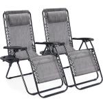 Sweetcrispy Zero Gravity Chairs, Set of 2 Portable Recliner Beach Camping Patio Outdoor Folding Lounge Chair with Cup Holder Trays and Adjustable Pillow for Poolside, Garden, Backyard, Lawn (Grey)
