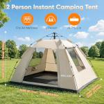 Golabs CT3 2 Person Instant Camping Tent, 1-Minute Setup by Pre-Attached Pole, 4 Side Mesh & Door Ventilation, Lightweight 4.8lbs Portable Design with Carry Bag, Inner Storage Pockets & Hooks for Park