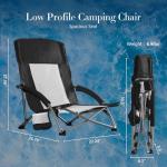 DUMOS Low Beach Chair for Adults, Lightweight Folding Portable Beach Chair with Cup Holder, Storage Pocket, Breeze Mesh Back, Padded Armrests, Low Profile Chair for Camp, Picnic, Lawn, Sand, Black