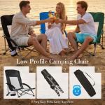 DUMOS Low Beach Chair for Adults, Lightweight Folding Portable Beach Chair with Cup Holder, Storage Pocket, Breeze Mesh Back, Padded Armrests, Low Profile Chair for Camp, Picnic, Lawn, Sand, Black