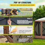 VEVOR 12 * 12ft 6 Sided Pop-up Canopy Shelter Tent with Mesh Windows, Portable Carry Bag, Stakes, Large Shade Tents for Outdoor Camping, Lawn and Backyard, Brown/Beige