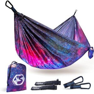 Foxelli Camping Hammock – Lightweight Portable Hammock from Durable Parachute Nylon with Tree Ropes & Carabiners for Indoor & Outdoor Use Hiking Camping Beach Backpack Travel