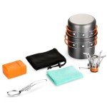 Odoland 6pcs Camping Cookware Mess Kit with Lightweight Pot, Stove, Spork and Carry Mesh Bag, Great for Backpacking Outdoor Camping Hiking and Picnic