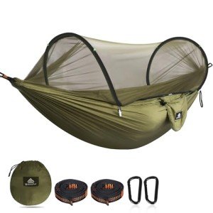 NATUREFUN Ultra-Light Travel Camping Hammock Pop-up Net Hammock 300kg Load Capacity,Breathable,Quick-Drying Parachute Nylon 2 Premium Carabiners,2 Tree Slings Included for Outdoor Backpacking Hiking