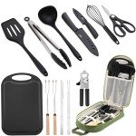 Wesqunie Camping Essentials Cookware Cooking Utensils Set - Camping Kitchen Utensils, Portable Outdoor Accessories, Stainless Steel & Silicone, Camping Gear Equipment for RV Picnic Grill