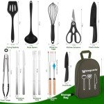 Wesqunie Camping Essentials Cookware Cooking Utensils Set - Camping Kitchen Utensils, Portable Outdoor Accessories, Stainless Steel & Silicone, Camping Gear Equipment for RV Picnic Grill