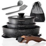 Kitchen Academy Detachable Handle Induction Cookware Sets - 10 Piece Non-stick Cooking Pots and Pans, Black Granite Stackable RV Cookware for Camp