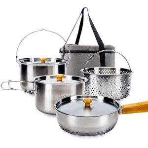 KingCamp Camping Cookware Set 304 Stainless Steel Campfire Cooking Pots Pan and Kettle with Travel Tote Bag for Camping Outdoor Kitchen Cooking Picnic for 4-6