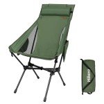 Hikero Portable High Back Camping Chair, Support Heavy Duty 440 lbs, Lightweight Folding Chair with Adjustable Pillow for Hiking, Beach, Backpacking (Green)