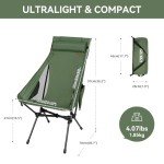 Hikero Portable High Back Camping Chair, Support Heavy Duty 440 lbs, Lightweight Folding Chair with Adjustable Pillow for Hiking, Beach, Backpacking (Green)