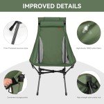 Hikero Portable High Back Camping Chair, Support Heavy Duty 440 lbs, Lightweight Folding Chair with Adjustable Pillow for Hiking, Beach, Backpacking (Green)