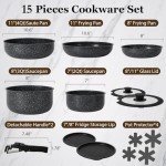 SODAY 15Pcs Pots and Pans Set Non Stick, Cookware Sets with Detachable Handle, Nonstick RV Kitchen Cooking Tools Removable Handles, Oven Safe, Induction Fast, Stackable Induction Cookware,Black