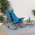 Dowinx Oversized Rocking Camping Chair, Fully Padded Patio Chair with Side Pocket and Carry Bag, High Back Portable Lawn Recliner with Headrest, Support 300 lbs, Blue