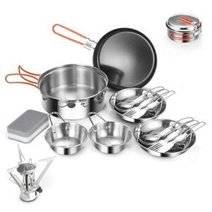 Odoland 15pcs Stainless Steel Camping Cookware Camping Pot and Pan Set with Portable Camping Stove Camping Mess Kit with Plates Bowls Forks Knives Spoons for Hiking Backpacking and Picnic