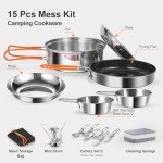 Odoland 15pcs Stainless Steel Camping Cookware Camping Pot and Pan Set with Portable Camping Stove Camping Mess Kit with Plates Bowls Forks Knives Spoons for Hiking Backpacking and Picnic