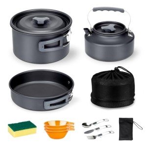 Alocs Camping Cookware, Camping Essentials with Accessories, Portable Camping Cooking Set Camping Gear for Outdoor Cooking, Backpacking, Hiking and Picnic., Dark Grey