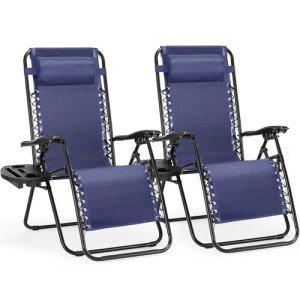 Sweetcrispy Zero Gravity Chairs, Set of 2 Portable Recliner Beach Camping Patio Outdoor Folding Lounge Chair with Cup Holder Trays and Adjustable Pillow for Poolside, Garden, Backyard, Lawn (Blue)