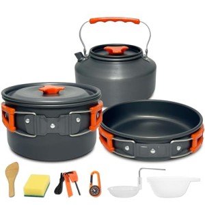 Amomb Camping Cookware Set, Non-Stick Lightweight Camping Pot and Pan Set with Stainless Steel Kettle Plates Spoon for Backpacking, Hiking, Outdoor Cooking and Picnic