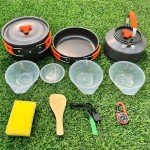 Amomb Camping Cookware Set, Non-Stick Lightweight Camping Pot and Pan Set with Stainless Steel Kettle Plates Spoon for Backpacking, Hiking, Outdoor Cooking and Picnic