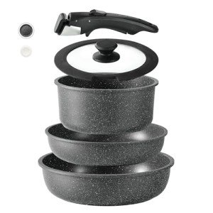 CAROTE Nonstick Cookware Sets, Non Stick Pots and Pans Set Detachable Handle, Kitchen Cookware Sets with Removable Handle, Stackable RV Cookware for Campers, Oven Safe, Midnight Black, 5pcs