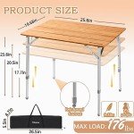 KingCamp Bamboo Folding Table Environmental Camping Table with Adjustable Height Aluminum Legs Heavy Duty 4-Folds Portable Camp Tables for Travel, Picnic, Party, Beach, 1-2 People