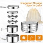 Funnymoom 14 Piece Camp Cooking Set, Stainless Steel Camping Cookware with Pot and Pan Kit 2 Set Stainless Steel Cups Plates Forks Knives Spoons for Camping, Backpacking, Outdoor Cooking and Picnic