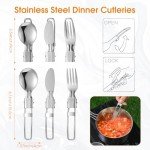 Funnymoom 14 Piece Camp Cooking Set, Stainless Steel Camping Cookware with Pot and Pan Kit 2 Set Stainless Steel Cups Plates Forks Knives Spoons for Camping, Backpacking, Outdoor Cooking and Picnic