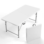VINGLI 4 FT Plastic Folding Camping Table,3-Level Adjustable Height, Portable in/Outdoor Party Picnic Dining Desk, Garden Soccer Multipurpose Entertaining Activities，White