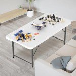 VINGLI 4 FT Plastic Folding Camping Table,3-Level Adjustable Height, Portable in/Outdoor Party Picnic Dining Desk, Garden Soccer Multipurpose Entertaining Activities，White