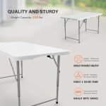 VINGLI 4 FT Plastic Folding Camping Table,3-Level Adjustable Height, Portable in/Outdoor Party Picnic Dining Desk, Garden Soccer Multipurpose Entertaining Activities，White