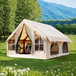 KNUO 2025 Upgraded 100% Waterproof Inflatable Camping Tent for 5-8 People, Large Blow-Up Air Tent, No Assembly Needed Luxury Glamping House, 10x10ft Oxford Fabric