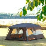 KTT Extra Large Tent 12-14 Person,Family Cabin Tents,2 Rooms,3 Doors and 3 Windows with Mesh,Straight Wall,Waterproof,Double Layer,Big Tent for Outdoor,Picnic,Camping,Family Gathering(Brown)