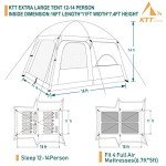 KTT Extra Large Tent 12-14 Person,Family Cabin Tents,2 Rooms,3 Doors and 3 Windows with Mesh,Straight Wall,Waterproof,Double Layer,Big Tent for Outdoor,Picnic,Camping,Family Gathering(Brown)