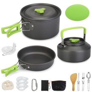 Ufandia 16pcs Camping Cookware Mess Kit, Portable Outdoor Cookware with Bowls Forks Knives Spoons Suitable for Camping Backpacking Hiking Outdoor Cooking and Picnic