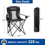 SAILARY 2PCS Collapsible Folding Camping Chairs Heavy Duty Lawn Foldable Chair with Cooler Bag, Storage Pocket, Waterproof Bag Outdoor Arm Sport Chair, Supports 325LBS, Black