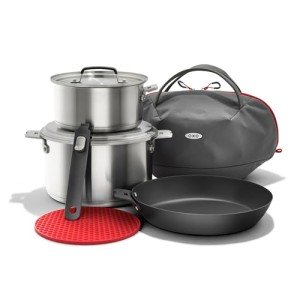 OXO Outdoor 8 Piece Camping Cookware Set, 10" Pre-Seasoned Carbon Steel Frying Pan Skillet, 2.25QT and 5QT Stainless Steel Saucepans with Lids, Removeable Handle, Trivet, Travel Bag, Space-Saving