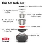 OXO Outdoor 8 Piece Camping Cookware Set, 10" Pre-Seasoned Carbon Steel Frying Pan Skillet, 2.25QT and 5QT Stainless Steel Saucepans with Lids, Removeable Handle, Trivet, Travel Bag, Space-Saving