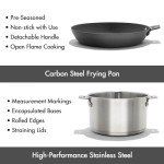 OXO Outdoor 8 Piece Camping Cookware Set, 10" Pre-Seasoned Carbon Steel Frying Pan Skillet, 2.25QT and 5QT Stainless Steel Saucepans with Lids, Removeable Handle, Trivet, Travel Bag, Space-Saving