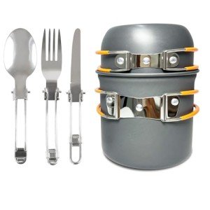 Camping Cookware Mess Kit, 13pcs Non-Stick Lightweight Mini Pots and Pans Set with Stainless Steel Forks Plates Spoons Knife Fork for Camping, Backpacking, Hiking, Outdoor Cooking and Picnic