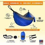 Gold Armour Camping Hammock - XL Double Hammock Portable Hammock Camping Accessories Gear for Outdoor Indoor with Tree Straps, USA Based Brand (Blue and Gray)