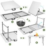 Byliable Folding Table 4 Foot Portable Heavy Duty Plastic Fold-in-Half Utility Table Small Indoor Outdoor Adjustable Height Folding with Carrying Handle, Camping and Party,White