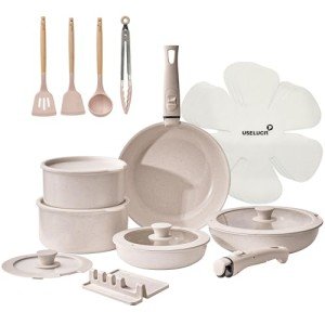 USELUCK 21 Pcs Ceramic kitchen Cookware Set,Nonstick Pots and Pans with Removable Handles Stackable Camping Cookware Dishwasher&Oven Safe Frying Pan,Taupe